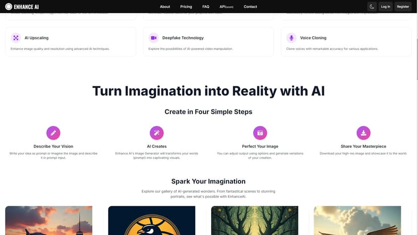 Enhance AI - Enhance AI 是一款高评级的 AI 图像生成器，可以创建图片、AI 图像增强、编辑照片、视频制作、深度伪造等。立即免费试用！