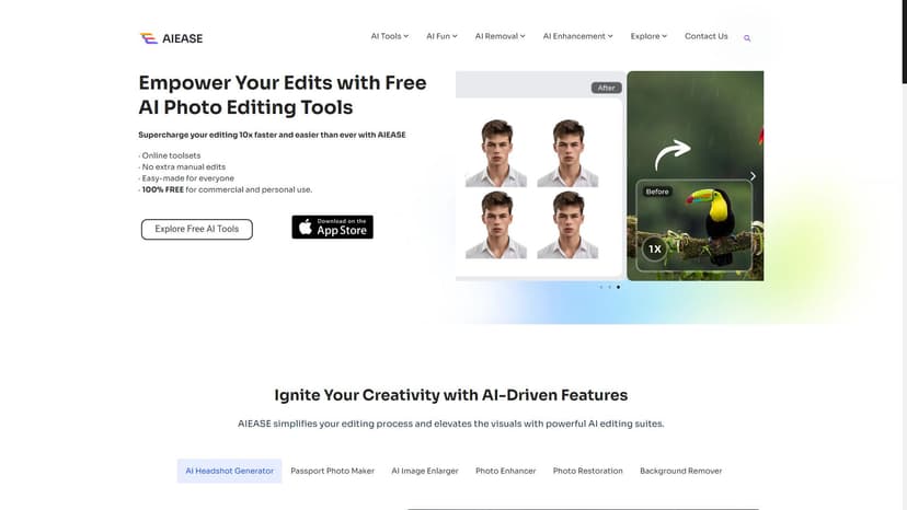 AI Ease - AI Ease是一个自由的AI图片编辑器，提供一系列强大的AI编辑工具来提升每个图像的各个方面。无需付费即可使用。