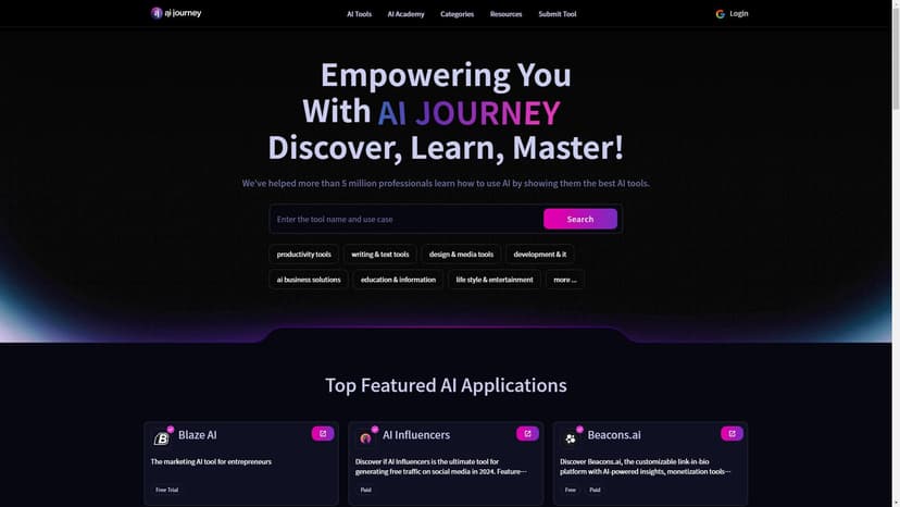 AIJourney - AIJourney是一个每日更新和专业评测的网站，旨在帮助你提高生产力和效率。通过我们的推荐和指南，你可以轻松找到适合自己的最佳AI工具。