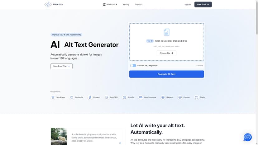 AI Alt Text Generator - AI Alt Text Generator是一款基于人工智能的工具，用于自动为超过130种语言生成图像替代文本。它提供灵活的集成选项，如WordPress、Shopify、WooCommerce、Chrome和Contentful等，并提供完整的开发API。