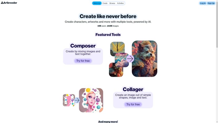 Artbreeder - Artbreeder是一款基于人工智能的协作工具，允许用户以多种方式创建图像。它提供了一个名为Composer和Collager的功能，可以帮助用户生成独特且个性化的艺术品。