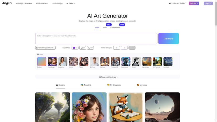 Artguru AI Art Generator - 使用Artguru免费在线AI艺术生成器，通过文本或图片轻松创作独特精美的AI艺术作品，释放你的创造力。立即体验AI艺术的魔力！