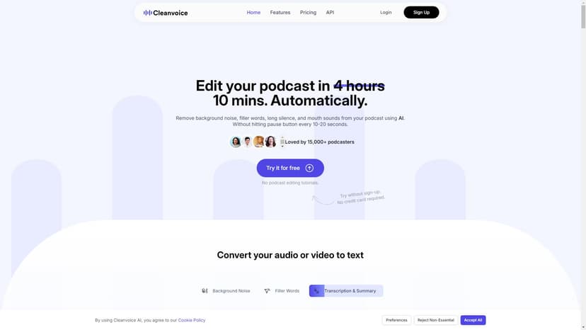 Cleanvoice AI - Cleanvoice AI是一款AI音频编辑工具，可以快速且准确地从你的播客中去除背景噪声、填充语音、长时间的沉默以及口腔声音等。无需花费数小时进行手动编辑，使用Cleanvoice AI即可轻松获得高质量的声音效果。