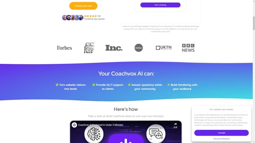 Coachvox AI - Coachvox AI是一个用于教练和咨询师的AI克隆工具，可以帮助您为客户提供指导、与受众互动，并生成潜在客户。使用Coachvox AI，您可以创建一个与自己相同的人工智能版本，实现无限扩展自己的影响力。