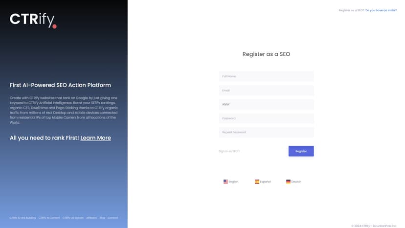 CTRify - CTRify是一款AI工具，它可以根据您的关键词生成一个全面的网站，并为其提供优化内容和上下文链接，以实现有机流量的CTR优化。通过使用CTRify，您可以大幅度提升Google排名。
