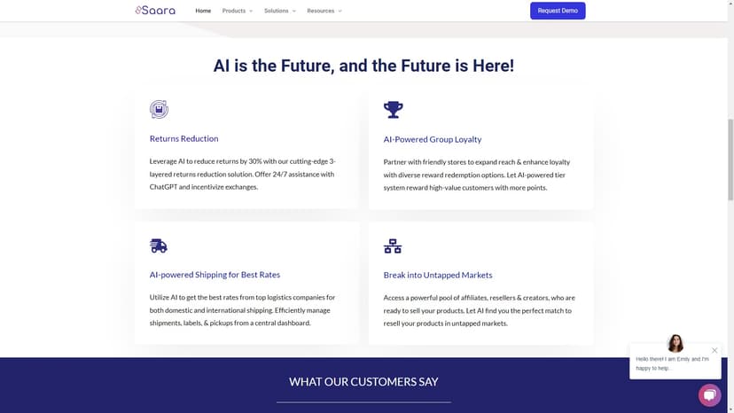 Saara Inc. - Saara Inc提供了一套集成的AI工具解决方案，旨在帮助电子商务企业提高运营效率和利润。其核心功能包括在线退货、物流、销售和客户忠诚度等方面的自动化管理。