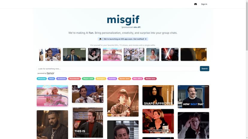 misgif - misgif是一个使用人工智能技术生成有趣和个性化表情包的应用程序。通过将自己置入 GIF、电视节目或电影中，只需一张自拍照即可。