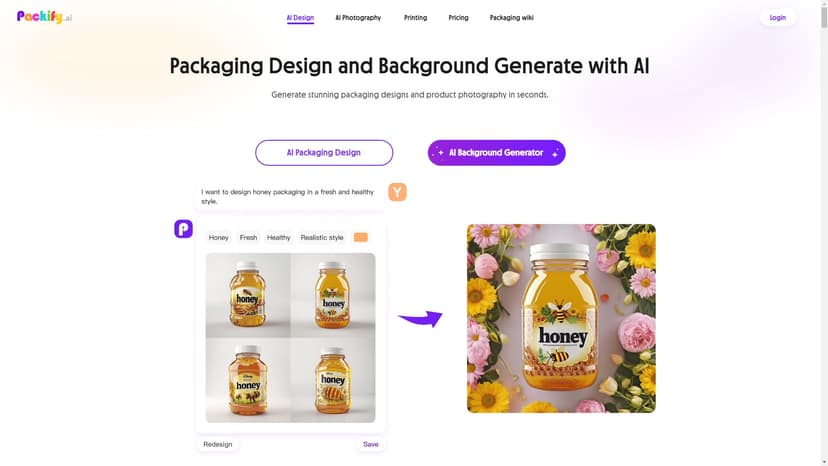 Packify.ai - Packify.ai是一款基于人工智能的包装设计和编辑工具，提供快速、个性化的设计方案，并可通过AI编辑功能改善产品照片质量。适用于创新且高效的包装解决方案。