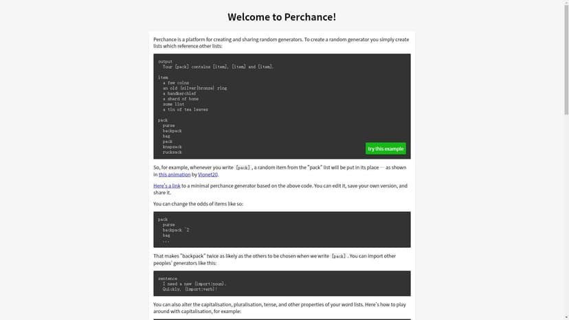 Perchance AI - Perchance AI允许用户轻松创建自定义随机生成器，助力生成各式随机内容，操作简便。