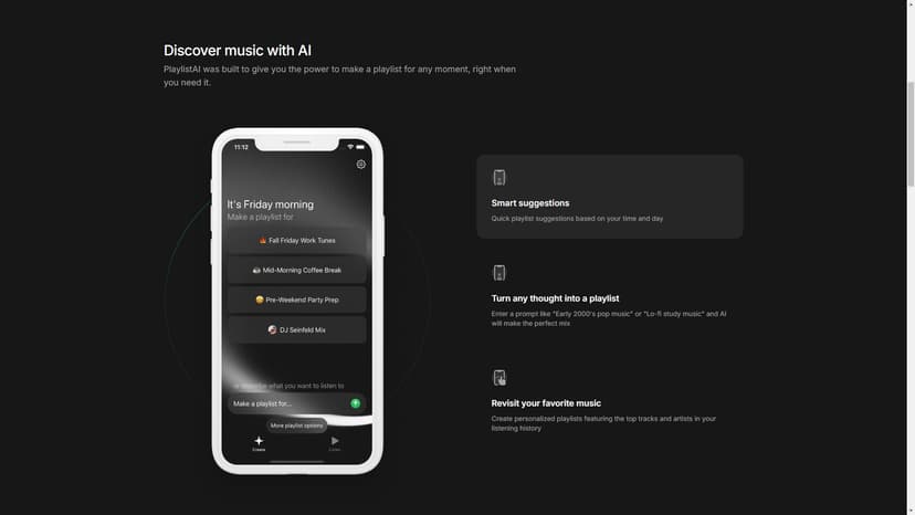 Playlist AI - Playlist AI 是一款使用 AI 创建 Spotify、Apple Music、Amazon Music 和 Deezer 播放列表的工具。无论你想在网页上、iOS 上或 ChatGPT 中创建播放列表，Playlist AI 都能帮你实现。