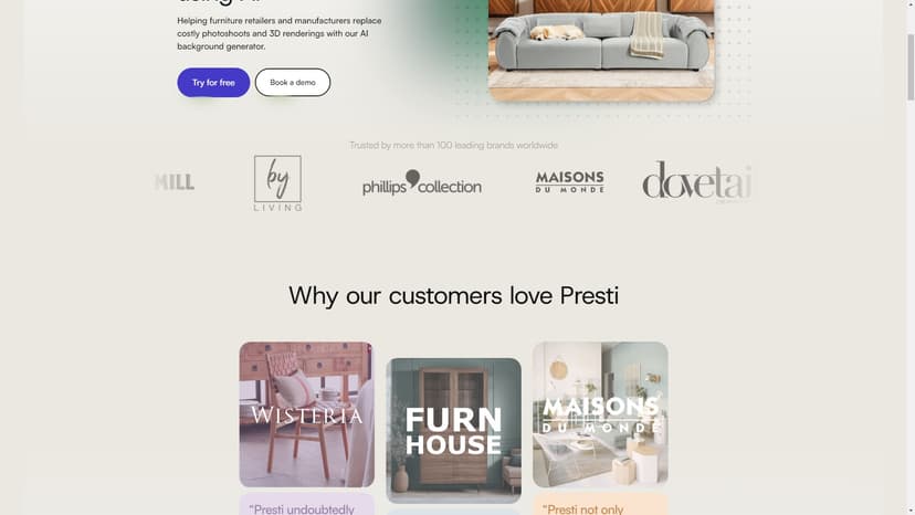 Presti AI 背景生成器 - Presti AI 背景生成器是一款AI工具，专门为家具行业提供高效、低成本的产品背景生成解决方案。通过使用先进的人工智能技术，该工具可以快速生成逼真的三维渲染和照片级别的背景图像，无需进行昂贵的摄影拍摄或三维渲染过程。