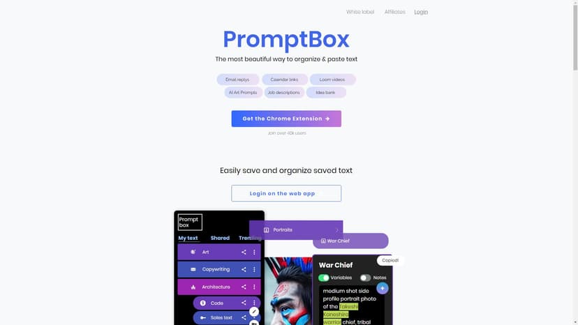 Prompt Box - Prompt Box 是一款 AI 工具，可以帮助您保存、组织、复制和粘贴您的 AI 提示。