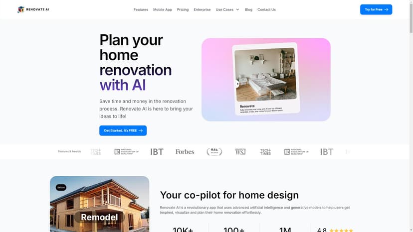 Renovate AI - 使用Renovate AI可以为您的家居内部、外部翻新、涂装、地板、景观、浴室和厨房等提供智能化的规划，节省时间和金钱在翻新的过程中。