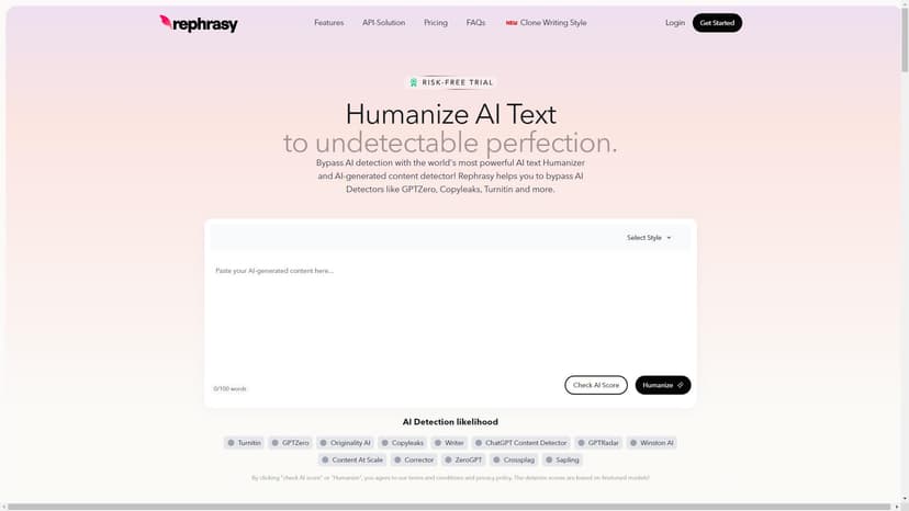 Rephrasy - 使用世界上最强大的AI文本人工化和AI生成内容检测器，避免像GPTZero、Copyleaks、Turnitin等AI检测工具的检测！通过点击'Recheck AI score'或'Huminize'按钮，您同意我们的条款和条件和隐私政策。检测分数基于微调模型。