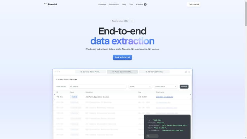 End to End Web Scraping - End to End Web Scraping 是一款专注于网页数据提取的AI工具，无需编码、维护或担忧。它可以轻松地将大规模的网络数据抽取出来，为用户提供高效的数据获取体验。