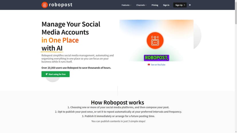 Robopost - Robopost是一个社交媒体管理工具，允许您在指定时间预定帖子。它通过整合多个社交媒体品牌的标志性功能，如发布规划和预订，减少了时间和精力投入。试用免费版来了解如何使用。