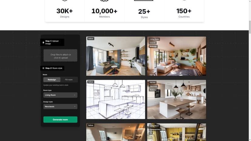 Roomdesigner AI - Roomdesigner AI是一个基于人工智能的室内设计工具，可以让您利用上传照片和选择不同风格来快速设计房间、家居外观或园林。