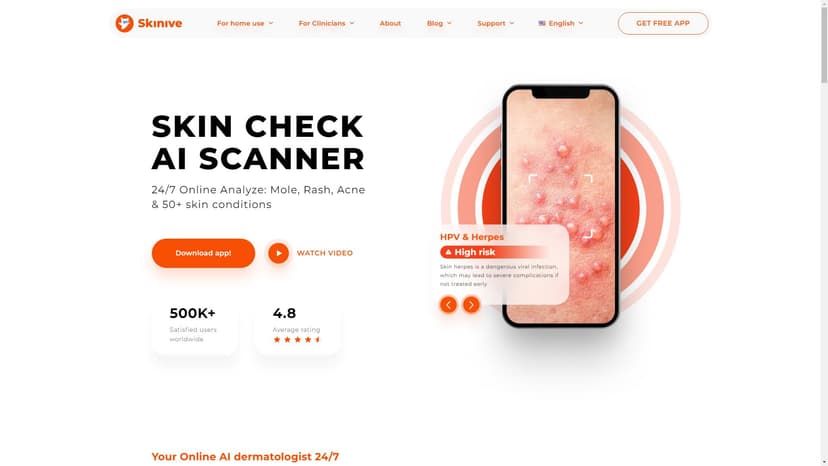 Skinive AI - 使用 Skinive AI，可以轻松扫描皮肤健康。该工具提供智能皮肤分析、病人数据统计以及医生和保健服务提供商的支持，旨在帮助您改善护肤习惯并提高生活质量。