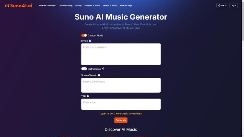 SunoAI - 使用SunuoAI生成独特的MP3音乐，免费且即时可用。