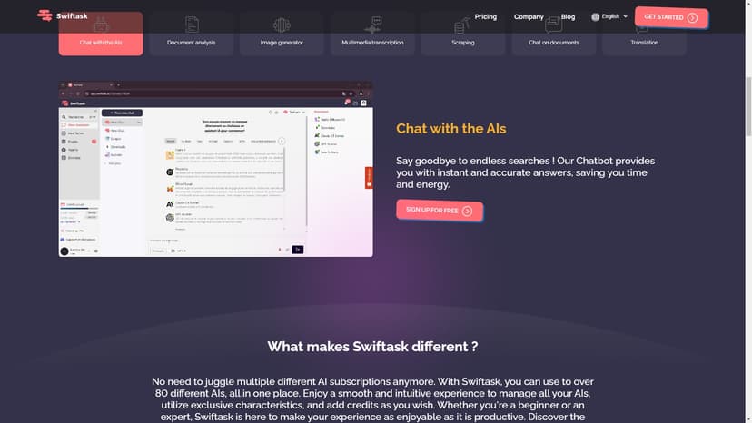 Swiftask - Swiftask是一款集成多种顶尖AI工具和无需编码的自定义AI代理于一体的平台，为用户带来高效生产力和创造力的提升。只需要一个简单的订阅即可访问超过80个AI工具，无需订阅多个计划。还可以轻松嵌入聊天机器人到您的网站上，通过拷贝并粘贴开发者选项卡中的代码来集成。