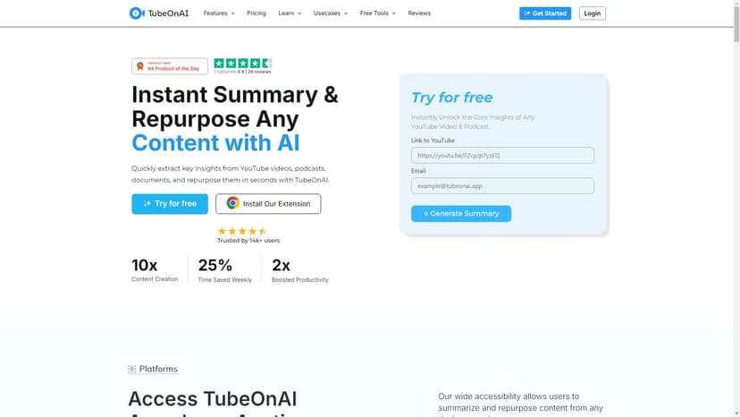 TubeOnAI - TubeOnAI是一款基于人工智能的工具，能够快速提取视频、播客和文档中的关键信息，并在几秒钟内将其重新利用。