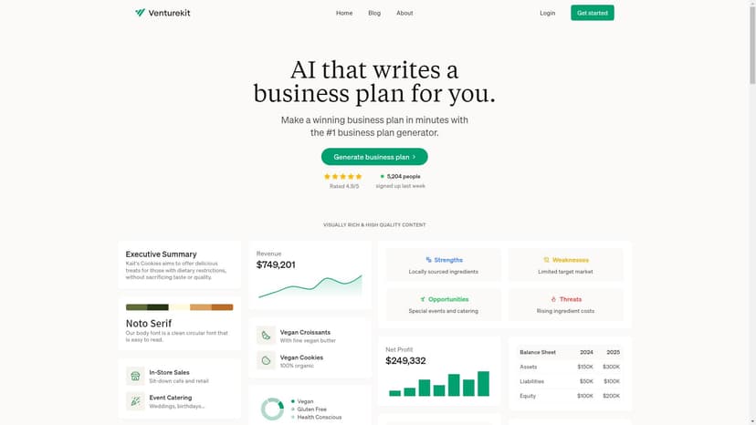 Venturekit -  Venturekit是一款基于人工智能的商业计划生成工具，旨在为企业提供个性化、全面的商业规划解决方案。通过与AI合作，您可以创建视觉丰富、高质量内容的商业计划，并针对您的业务进行定制。