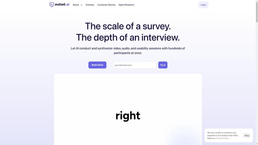 Voice-to-voice AI user interviews - 快速定量化为质性访谈by Outset AI-Moderated Research Platform.