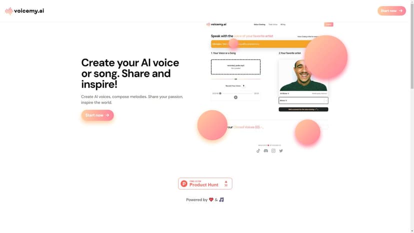 Voicemy.ai - Voicemy.ai是一款多功能的AI工具，旨在帮助用户克隆声音、训练模型、作曲旋律，并与世界分享他们的声音和音乐。接下来即将推出文本转语音功能！立即开始你的创造之旅。