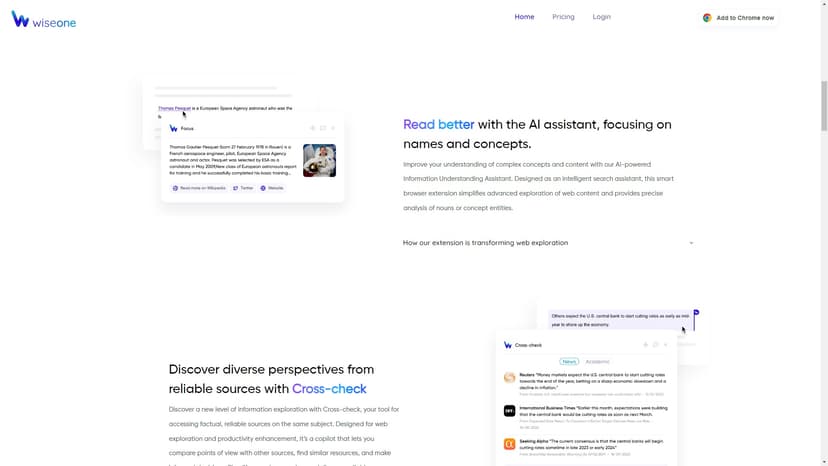 Wiseone AI Browser Extension - Wiseone AI浏览器扩展是一款全方位的AI工具，旨在提高您的研究和阅读效率。它为您提供了多种功能，包括信息摘要、复杂问题回答AI和事实检查等，以帮助您更好地理解和探索上网搜索和在线阅读中的内容。