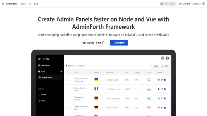 AdminForth - AdminForth是一个开源的管理面板框架，支持Vue3和TypeScript扩展。