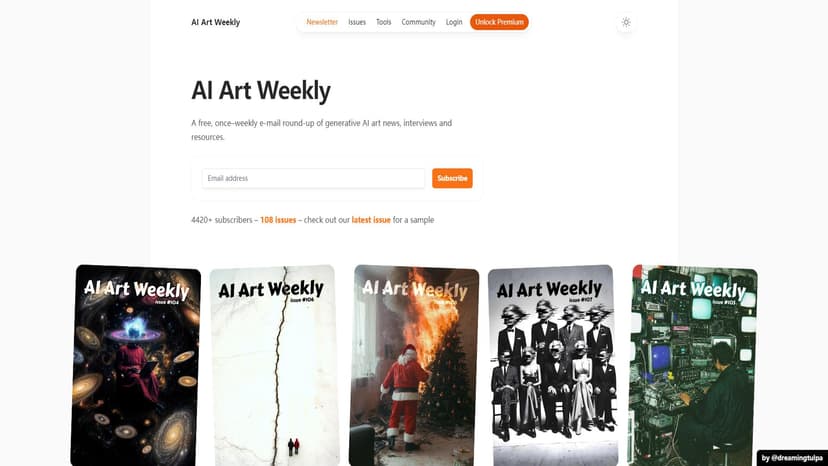 AI Art Weekly - 免费每周电子邮件通讯，汇总AI艺术新闻、访谈和资源。