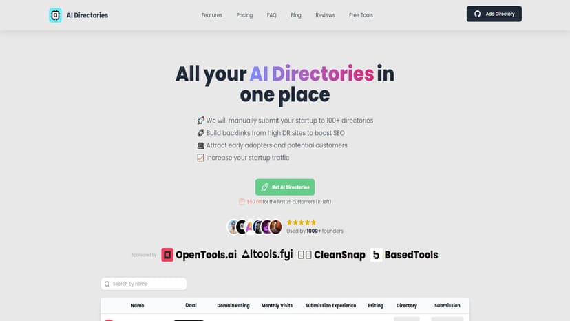 All your AI Directories in one place - 我们可以帮助您将您的AI产品提交到100多个目录中，提高您的域名权威性并获取有价值的背链接以改善您的SEO。立即开始!