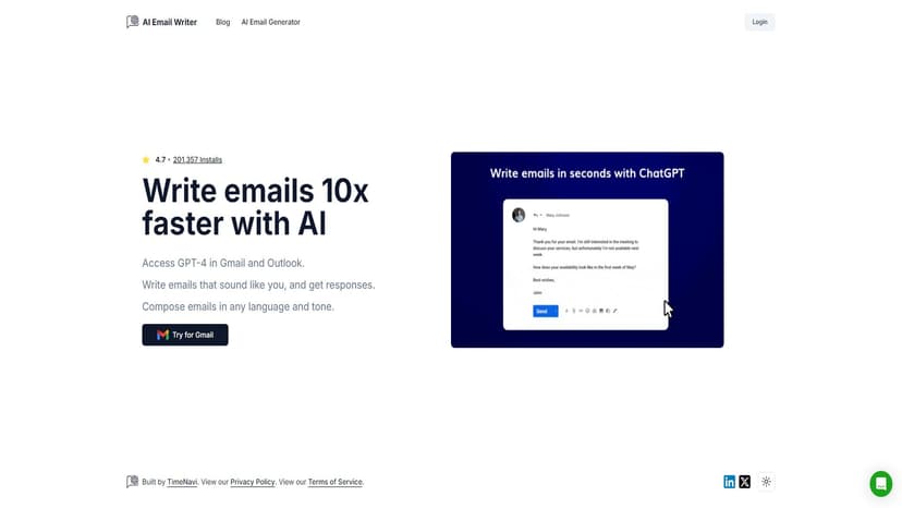 AI Email Writer - AI Email Writer是一款基于GPT-4的人工智能工具，旨在帮助用户以秒钟生成引人入胜的电子邮件回应。通过集成到Gmail和Outlook中，可以大幅缩短写邮件的时间。