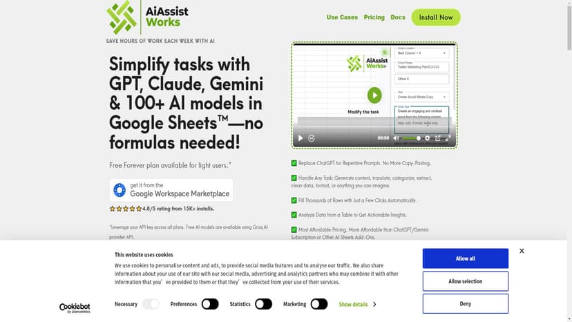 AiAssistWorks - 为Google Sheets™提供AI工具，自动化任务、生成内容并分析数据。