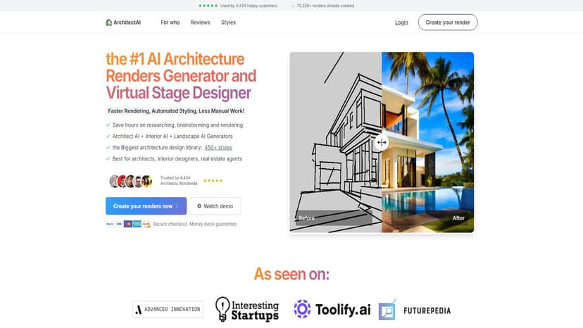 Architect AI - Architect AI是一款利用人工智能提供建筑设计和室内设计灵感的工具，支持快速渲染和自动化风格设计。