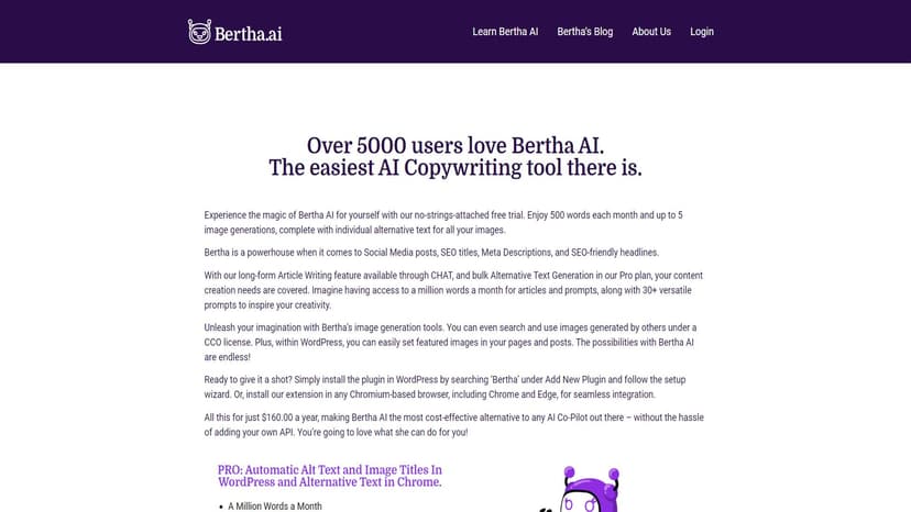Bertha AI - Bertha AI是为WordPress和Chrome开发的一款智能写作工具，提供高效、便捷地撰写内容体验。作为您的终身合作伙伴，它可以生成多种类型的内容，从社交媒体文章到SEO标题、Meta描述和长篇文章。