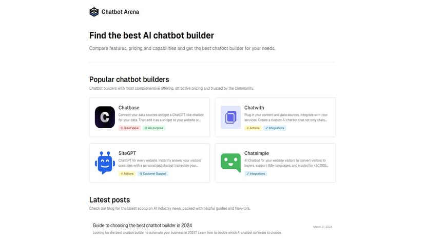 Chatbot Arena - 比较流行的聊天机器人、功能、定价和能力，找到2024年最佳的聊天机器人构建工具。