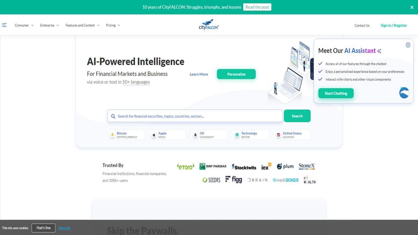 CityFALCON - CityFALCON是一款集成人工智能技术的金融与商业信息工具，提供股票、公司、资产类别、行业、事件、人物和30万多个话题等方面的新闻和智能分析，为用户在投资和商业决策中提供高质量的参考支持。