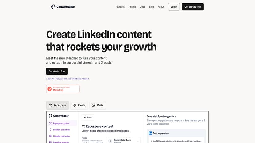 ContentRadar - 利用AI快速创建和再利用LinkedIn和X的内容，免费注册使用。