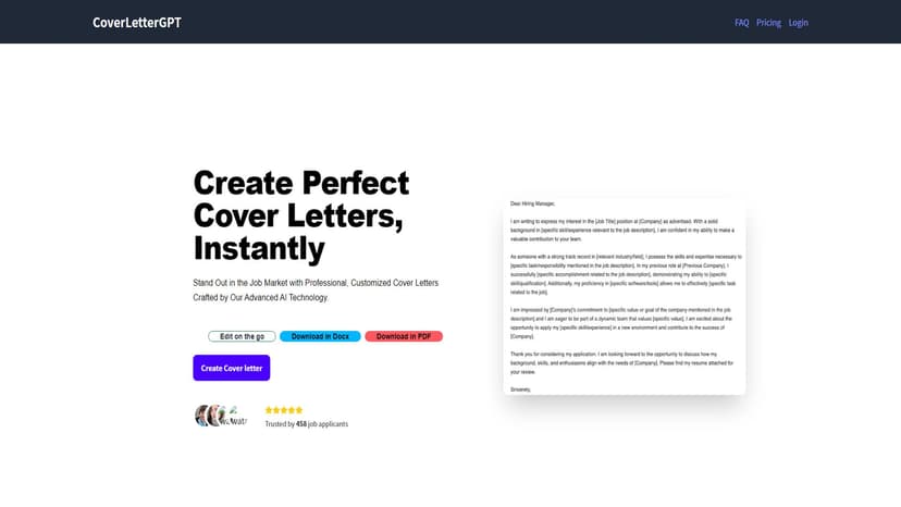 Chat GPT Cover Letter Generator - 免费使用AI技术生成个性化求职信，帮助你在求职市场中脱颖而出。