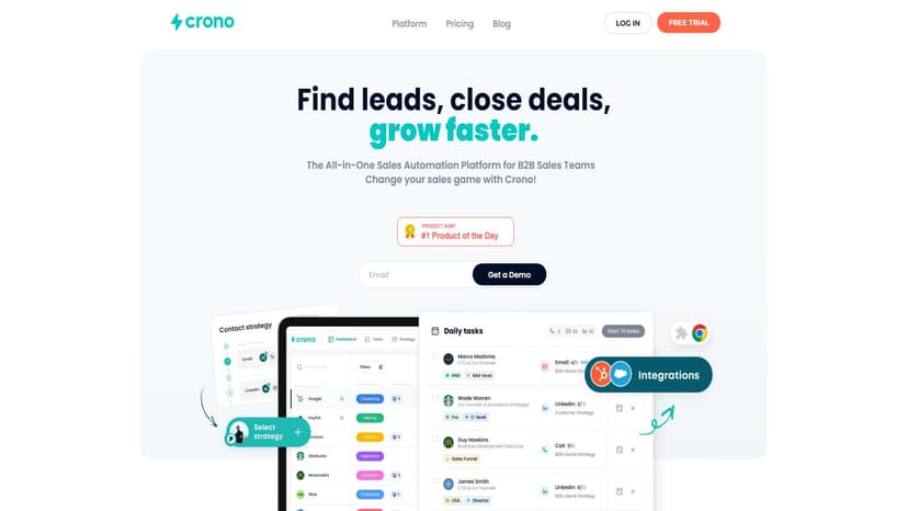 Crono - Crono是由AI驱动的销售自动化平台，专为B2B销售团队设计。它提供了一个整合所有功能的销售工具箱，可以帮助您快速找到高质量的潜在客户、自动发送营销内容和实现销售目标。
