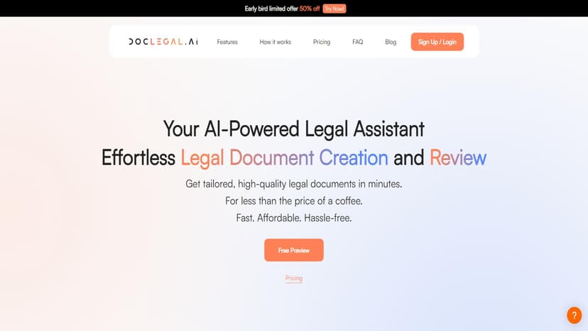 DocLegal.ai - 以每份文件2.5美元的价格生成高质量法律文件，轻松起草、审查和定制合同、协议和信件。
