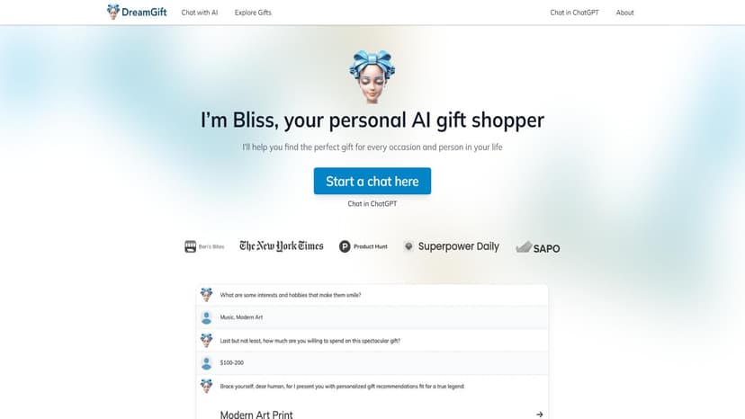 DreamGift - DreamGift通过AI助手Bliss，为用户提供个性化的礼物推荐服务。