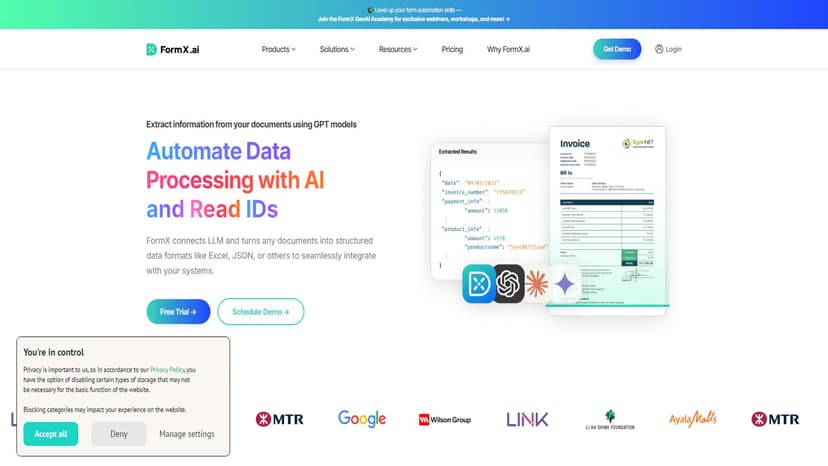 FormX.ai - FormX.ai是一款集成了最新技术的自动化工具，可以帮助您摆脱手工工作，减少人为错误。通过智能技术，您可以在任何文档中快速提取所需信息。