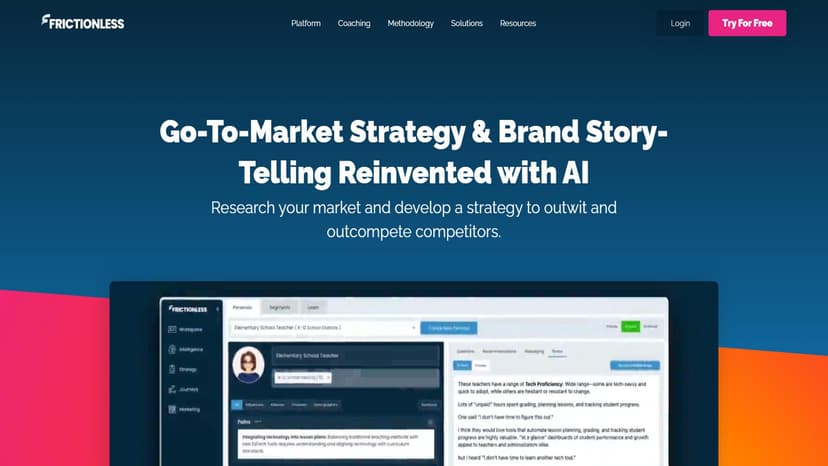 Go-To-Market Strategy Platform | Frictionless - Frictionless 是一款基于人工智能的市场推广策略和品牌故事讲述平台，旨在帮助用户快速生成高效、吸引人的营销内容，并提供个性化的解决方案。