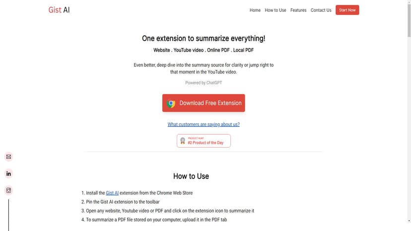 Gist AI - Gist AI是一款免费的Chrome扩展程序，可将网站、YouTube视频和PDF等内容快速总结。基于ChatGPT技术。使用简单，极速提取关键信息，无需复杂操作。