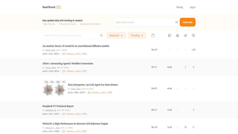 Goatstack - Goatstack 是一个全面的 AI 工具平台，致力于帮助用户跟踪最新的 AI 发展和研究成果。它提供了实时更新的 AI 论文、文章和新闻，以及对这些内容进行整理和分类的功能，使用户能够轻松地了解并学习当前最前沿的 AI 技术。