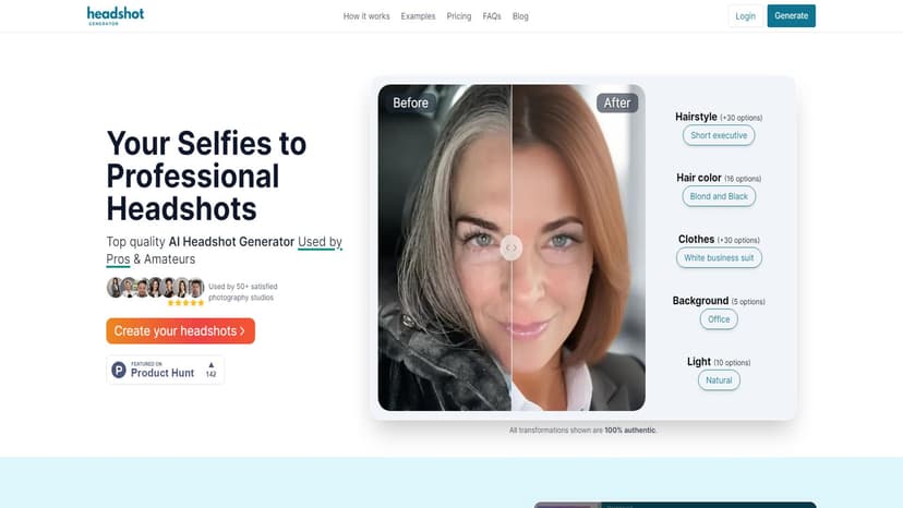 AI Headshot Generator - AI头像生成器，快速将自拍照转化为专业头像，支持服装、发型等自定义。
