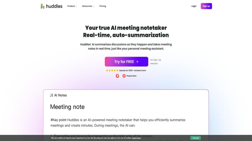 Huddles.App - Huddles.App是一款基于人工智能的会议记录工具，旨在帮助团队高效地生成、整合和管理结论性结果。通过专业化的议程结构，可以使会议不再成为一项痛苦且漫长的任务。