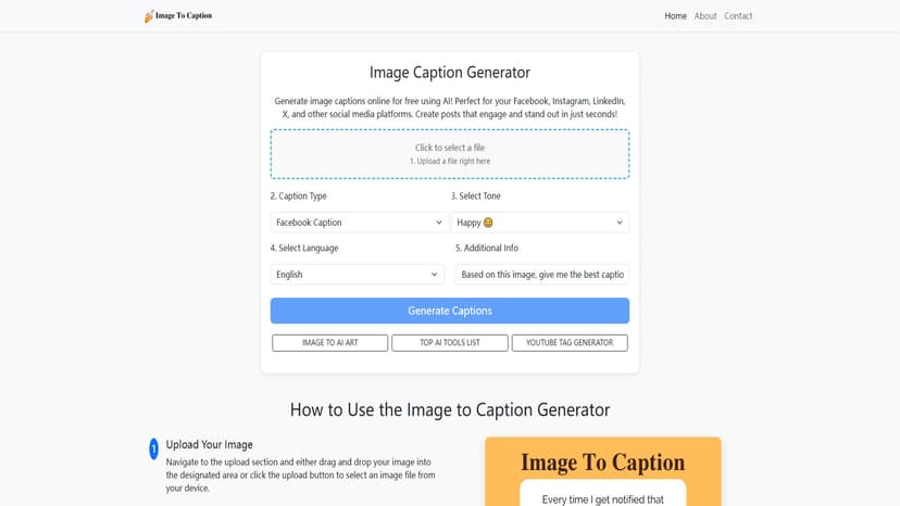 Image Caption Generator - 使用我们的图像到标题生成器即可立即生成标题。上传图片以创建标题，并在几秒内获得社交媒体和更多平台的AI 助手标题!